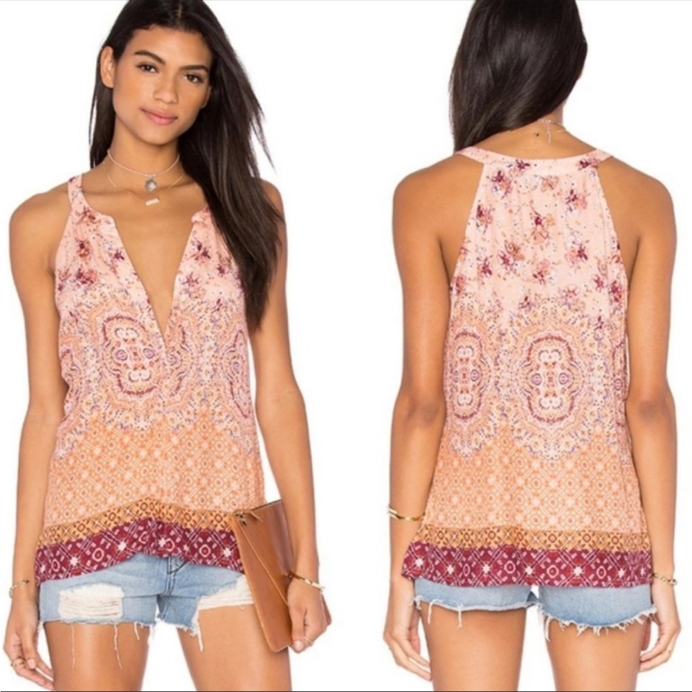 Sanctuary Peach Orange Maroon Floral Boho Tribal Sleeveless Blouse Top Rayon Sm